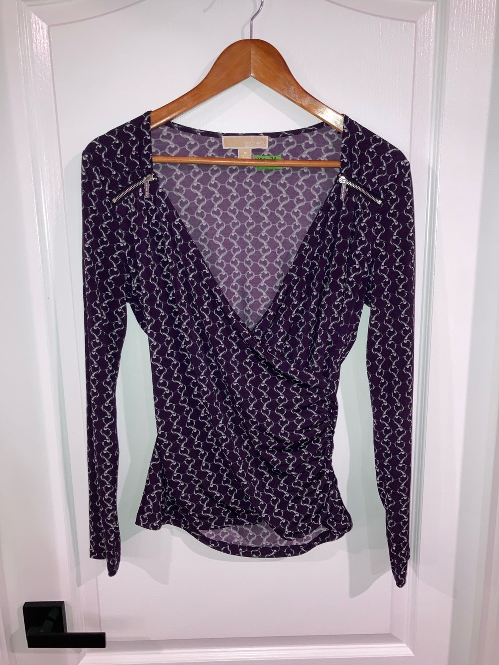 Michael Kors Purple Chain Print Wrap Front Long Sleeve Top - size M